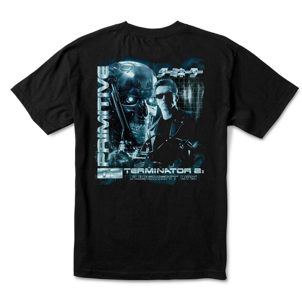 PRIMITIVE X TERMINATOR 2 BOX SET TEE BLACK featuring artwork from the movie Terminator 2: Judgment Day, including robotic and human character images alongside text "Primitive" and the movie title.