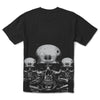 The PRIMITIVE X TERMINATOR 2 Terminator Tee in black showcases a detailed metallic skull graphic with two smaller skulls in the background, reminiscent of the Terminator aesthetic.