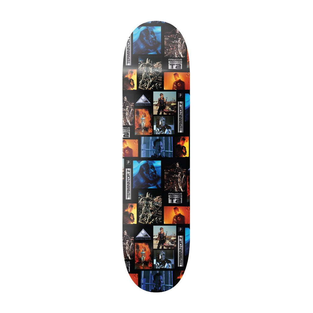 A PRIMITIVE skateboard with a lot of pictures on it.