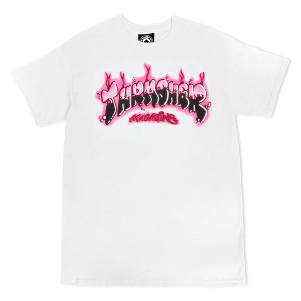 THRASHER AIR BRUSH TEE WHITE showcasing the iconic "Thrasher Magazine" logo in vibrant pink and black with an eye-catching flame design.