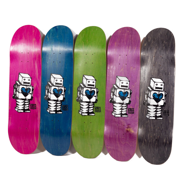 Four BLUETILE 21 YEAR ROBOT REISSUE skateboards, featuring Bluetile Skateboards and various stains.