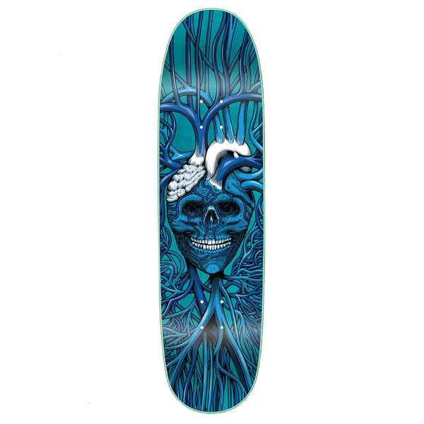 A blue skateboard deck from the STRANGE LOVE CODE BLUE collection by STRANGELOVE, showcasing Sean Cliver's intricate design of a skull surrounded by abstract shapes and lines, with white antlers emerging from the top.