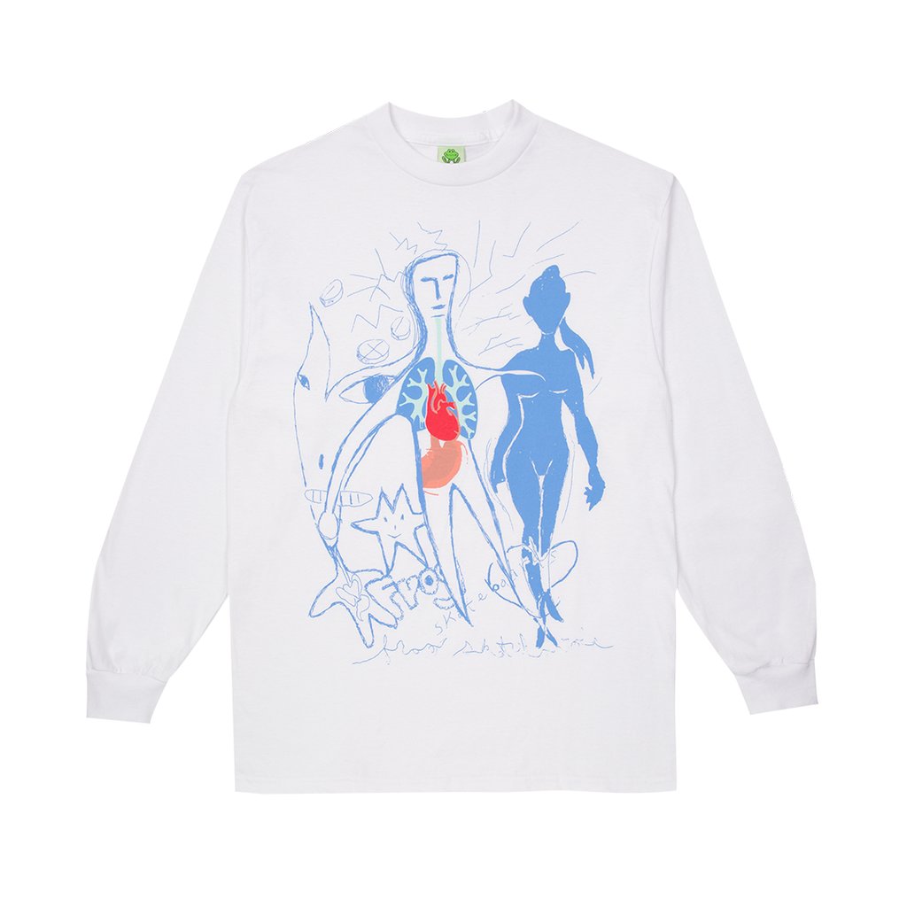 A FROG Phenomenon long sleeve tee in white with an abstract drawing.