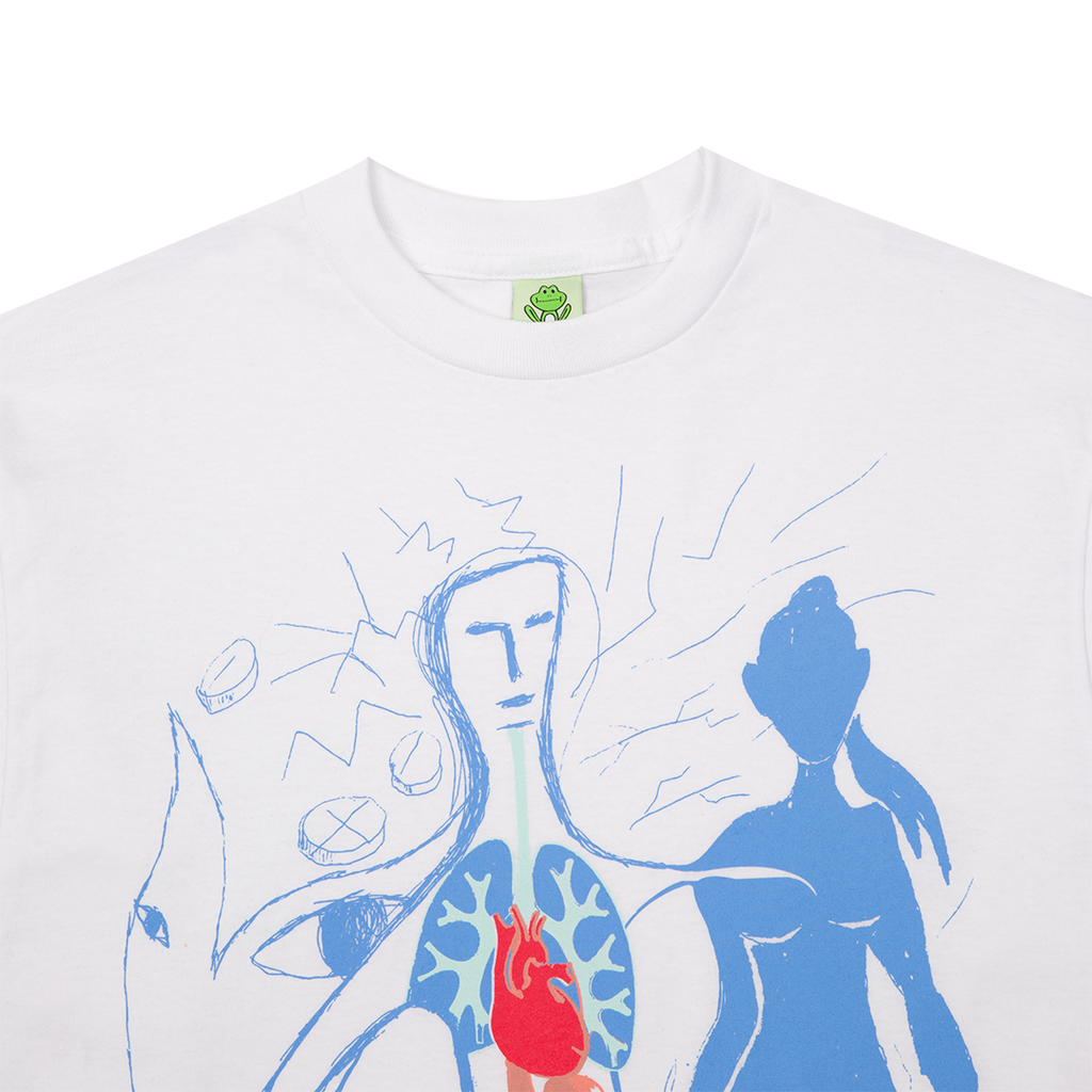 A FROG Phenomenon long sleeve tee in white with a drawing of a woman holding a heart.