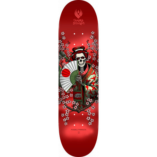 A red skateboard deck with an image of a skeleton wearing a kimono, inspired by Powell Peralta Yosozumi Samurai Red.