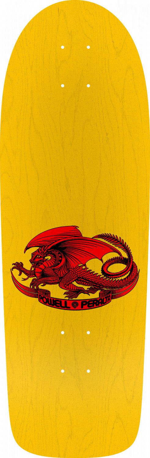 A POWELL PERALTA Yellow skateboard featuring a red dragon design.