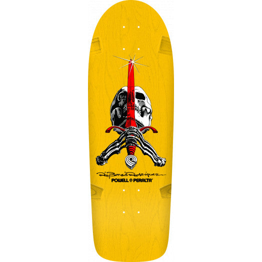 A POWELL PERALTA yellow skateboard with the Rodriguez Skull and Sword graphic from POWELL PERALTA.