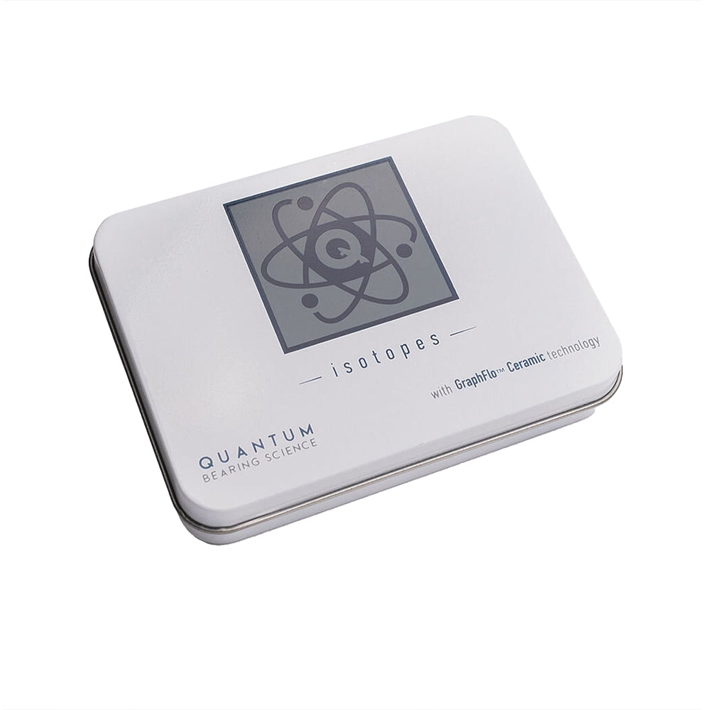A QUANTUM ISOTOPES CERAMIC HYBRID BEARINGS tin box with high tensile strength and a logo on it.