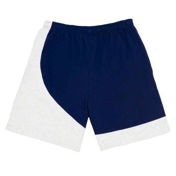 A QUARTERSNACKS HOUSE SHORTS NAVY/GREY with a white and blue stripe.