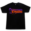 a black shirt with purple and orange text