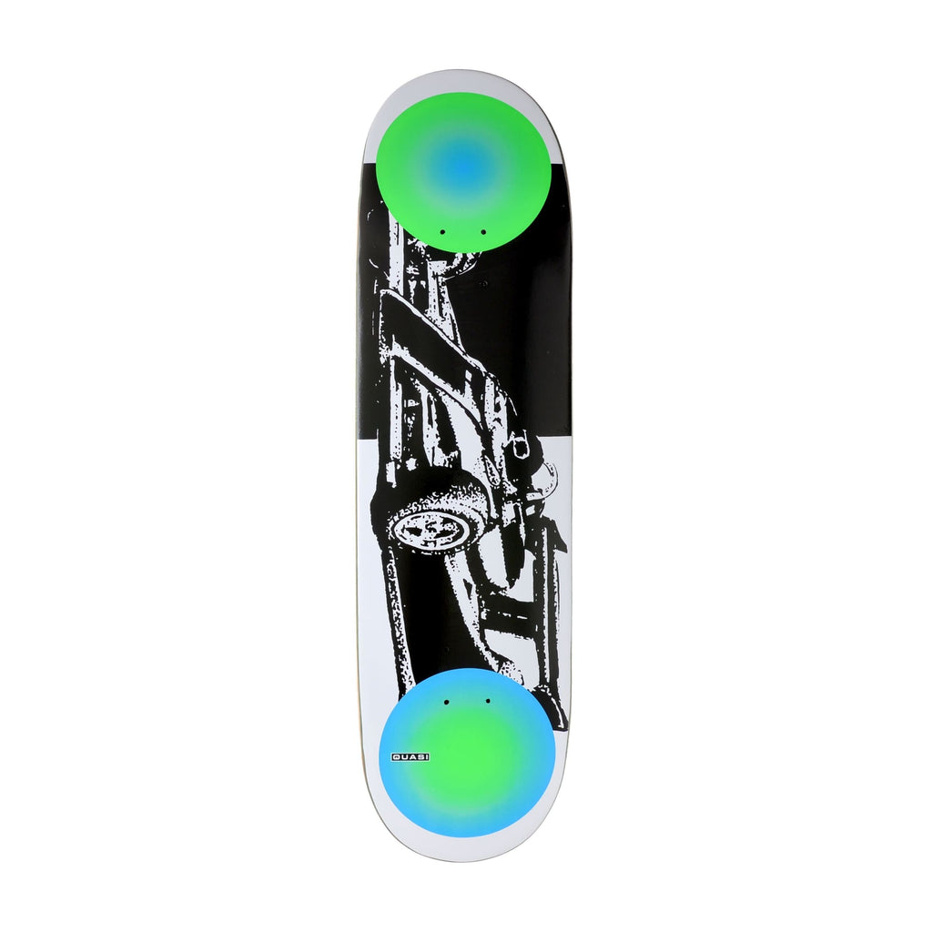 A skateboard deck with a racecar and green circles on the ends.