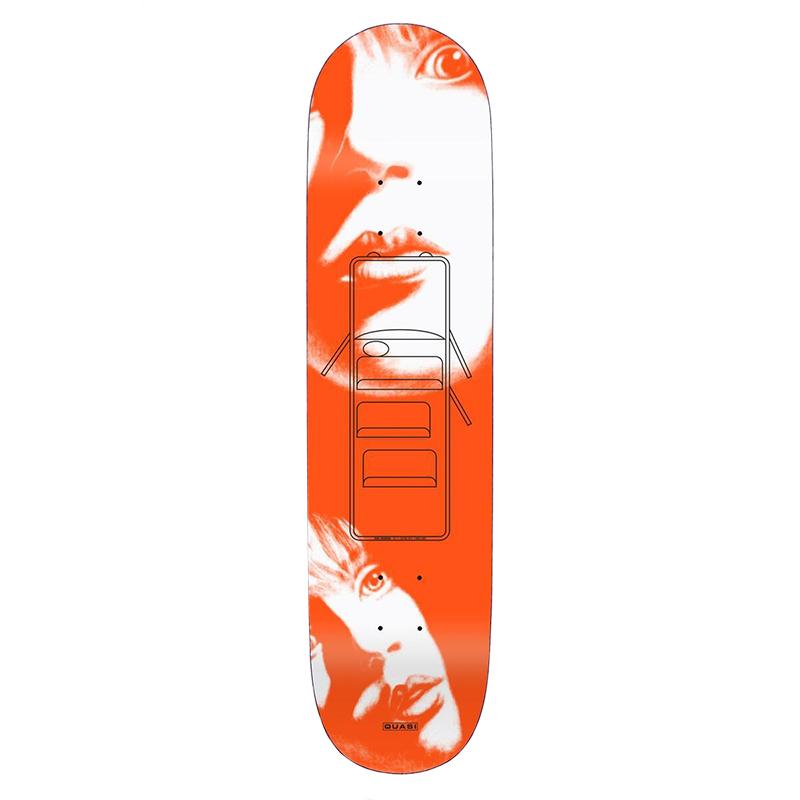 A Quasi skateboard with an orange and white design on it.