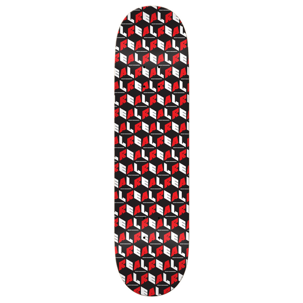 A black and red REAL skateboard with white and red squares.
