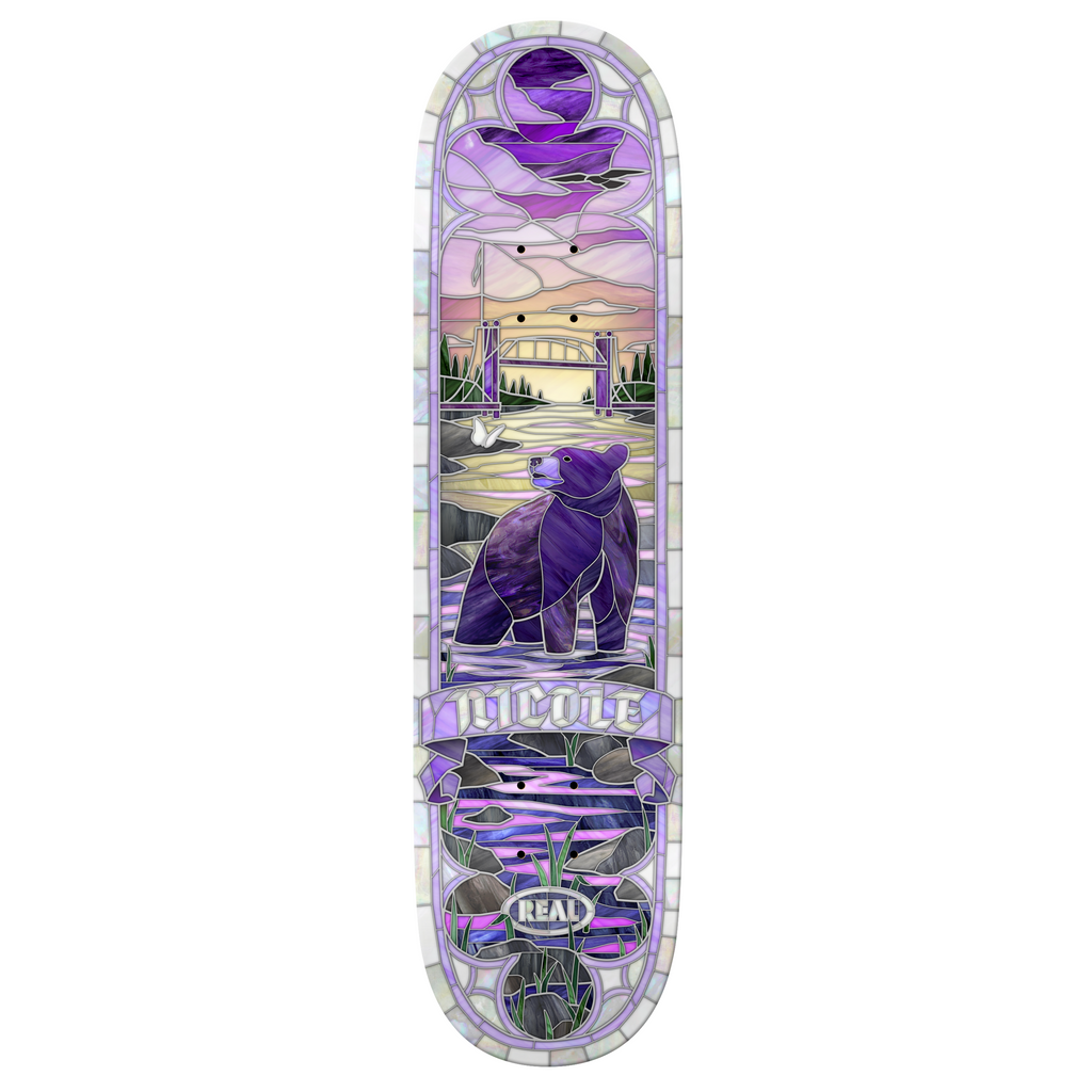 A REAL skateboard with a picture of a bear on it.