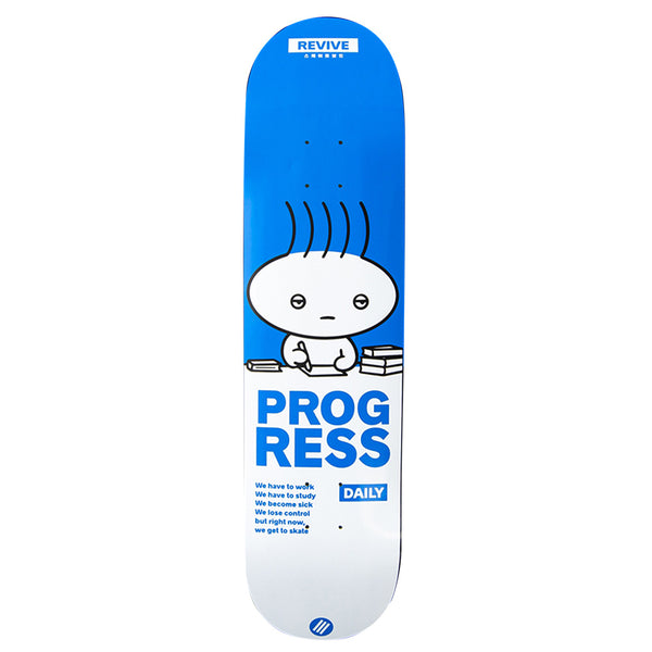 Skateboard deck from the REVIVE X PROGRESS DAILY PLUMPAI collection by REVIVE, showcasing a blue and white design with a cartoon character and the text "PROGRESS DAILY.