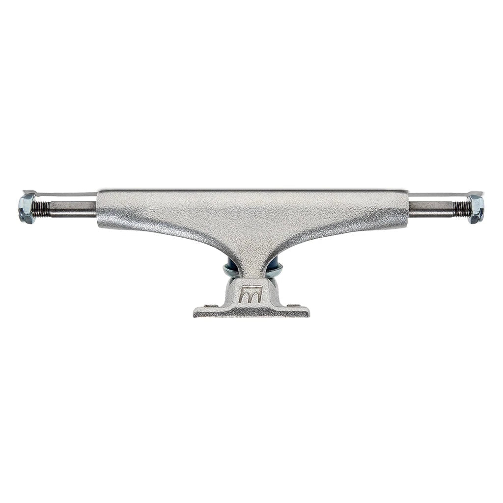 A silver skateboard truck on a white background. Adjustable and durable, this 8.75" axle Royal Trucks 159 (Set of Two) provides reliable performance for any skater.