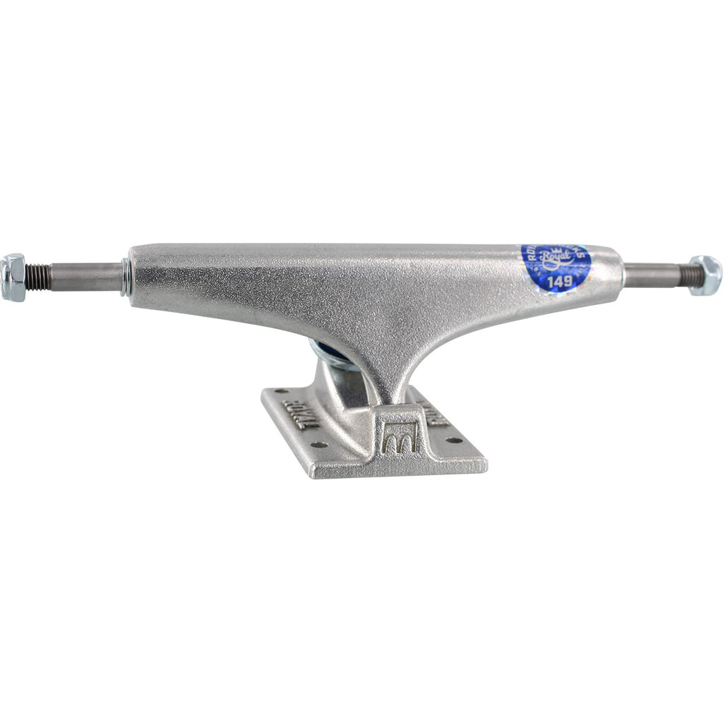 A ROYAL silver skateboard truck on a white background.
