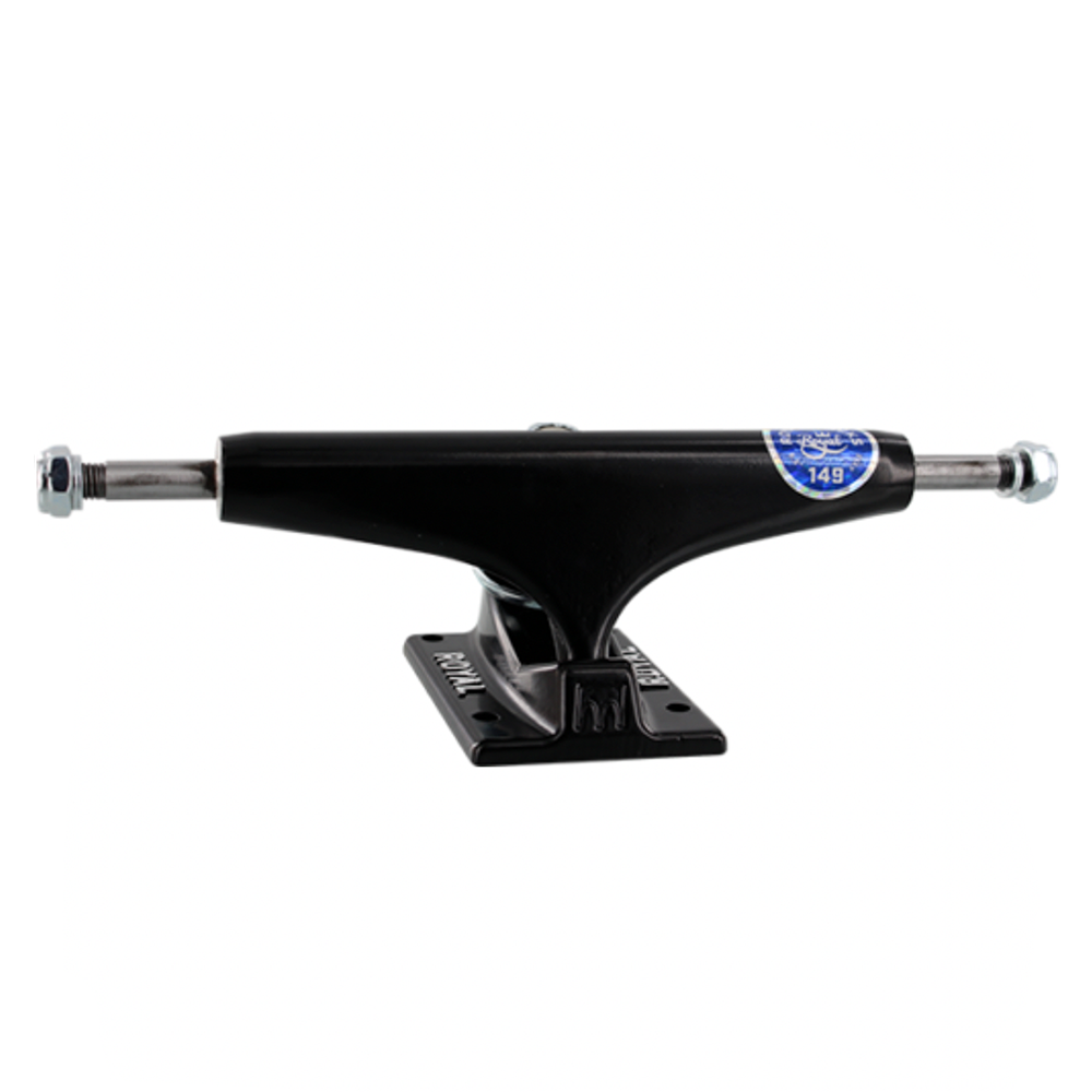 A ROYAL TRUCKS 149 BLACK (SET OF TWO) skateboard truck essential for all skating enthusiasts, perfectly contrasting against a pristine white background.