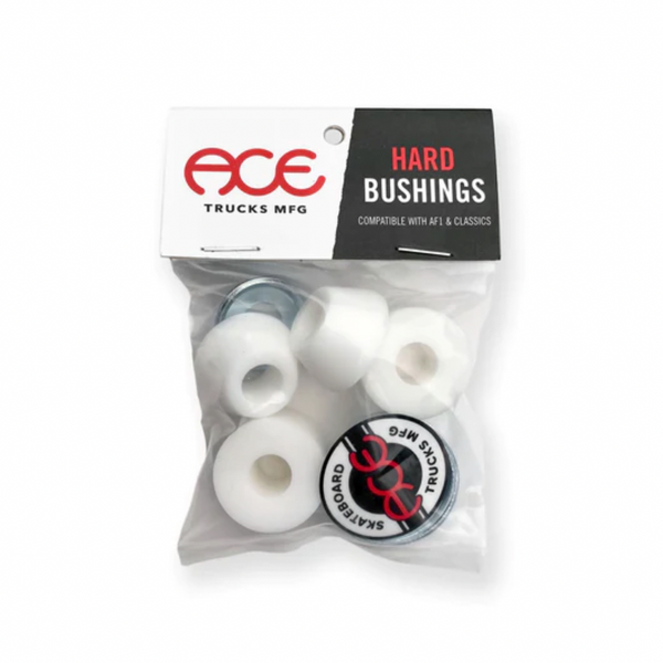 A package labeled "ACE MFG HARD BUSHINGS 94A" containing white replacement bushings and washers, with Ace branding visible, fits AF1 & Classics.