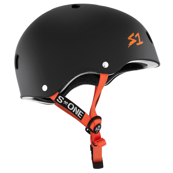 A S1 LIFER BLACK MATTE ORANGE STRAP HELMET from S1 HELMET CO. with orange lettering on the side.