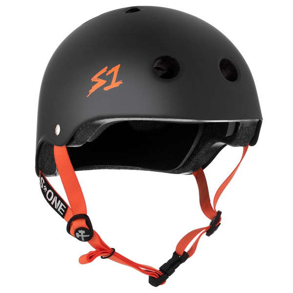 A S1 HELMET CO. S1 LIFER BLACK MATTE ORANGE STRAP HELMET with an orange line on the side.