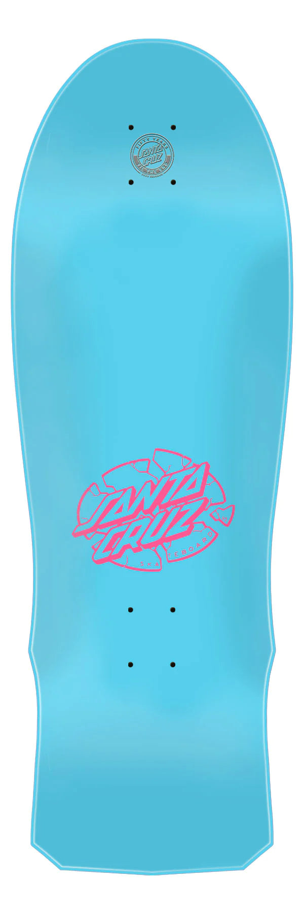 A blue SANTA CRUZ skateboard with a red design on it, specifically the GRABKE EXPLODING CLOCK REISSUE.