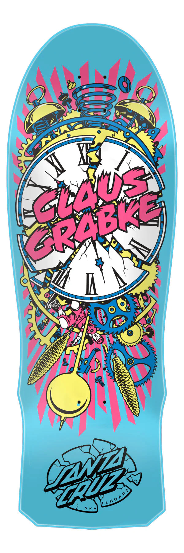 A blue SANTA CRUZ GRABKE EXPLODING CLOCK REISSUE skateboard with graffiti on it.