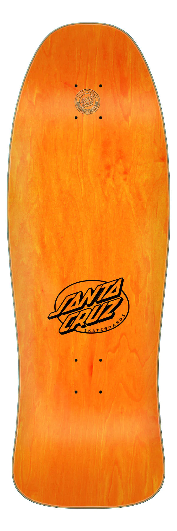 A close up of a SANTA CRUZ KENDALL PUMPKIN REISSUE skateboard on a white background.