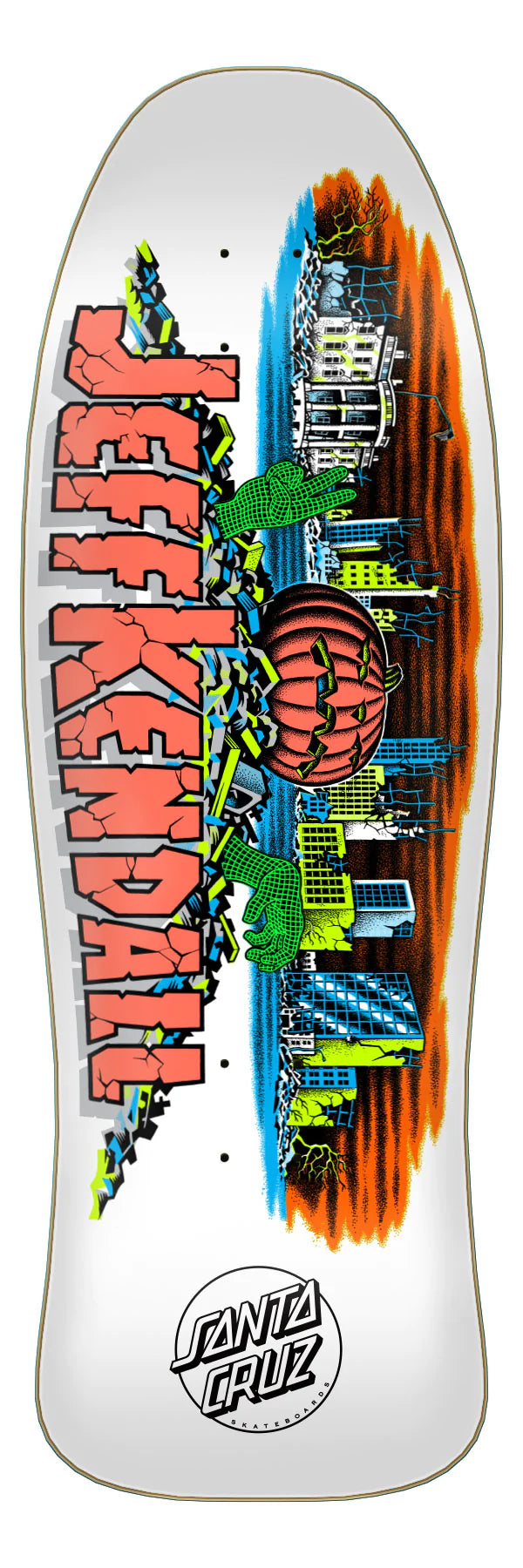 A white SANTA CRUZ skateboard with a picture of a monster truck.