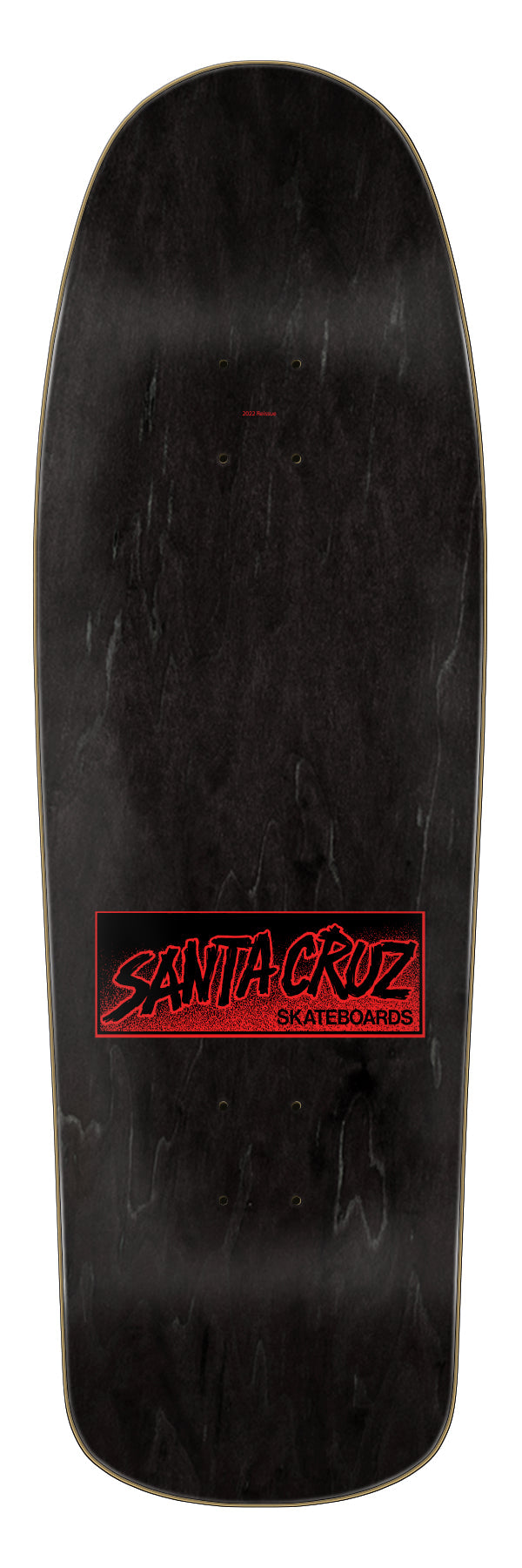 a skateboard deck top with black stained wood and a red logo