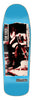 a blue shaped skateboard deck with a red and black printed image