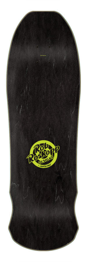 A black SANTA CRUZ skateboard with a yellow logo on it.