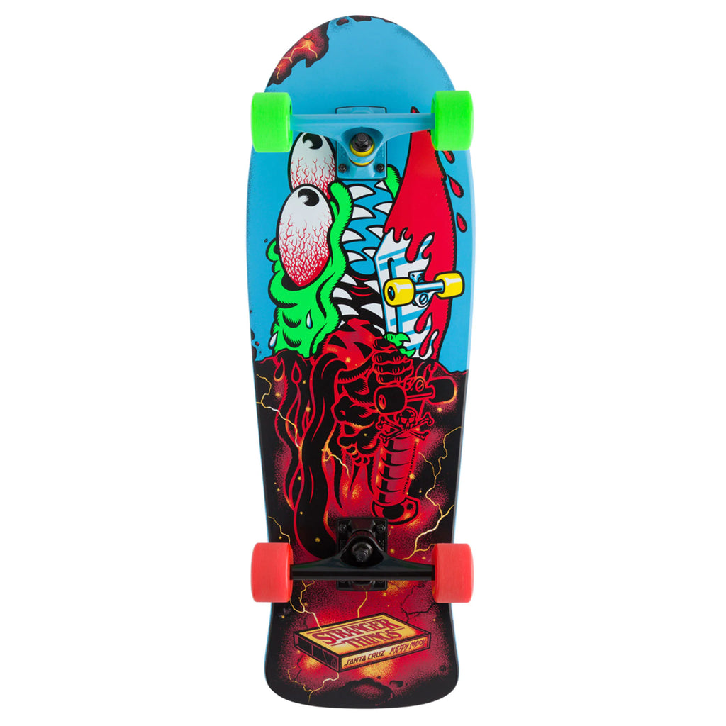A SANTA CRUZ X STRANGER THINGS MEEK SLASHER CRUISER skateboard with a painting on the bottom of it.