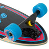 A close up of a SANTA CRUZ X STRANGER THINGS SCREAMING HAND PINTAIL CRUISER skateboard with blue wheels.
