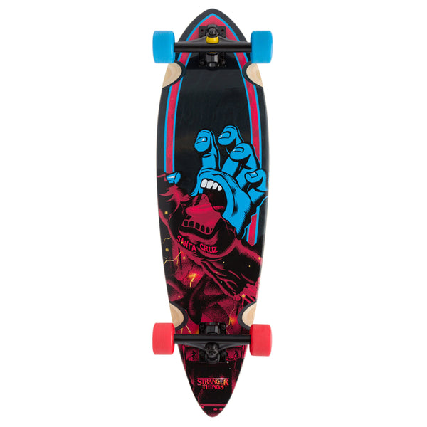 A SANTA CRUZ skateboard with a blue and red design on it.