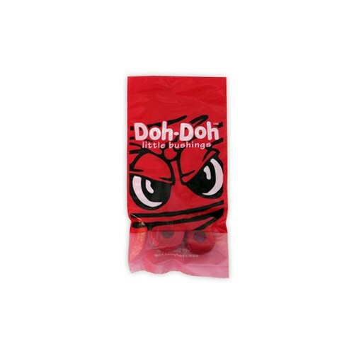 A red plastic package labeled "SHORTY'S DOH-DOH 95 MED / HARD RED," featuring an angry face illustration, contains bushings from the brand Shorty's.