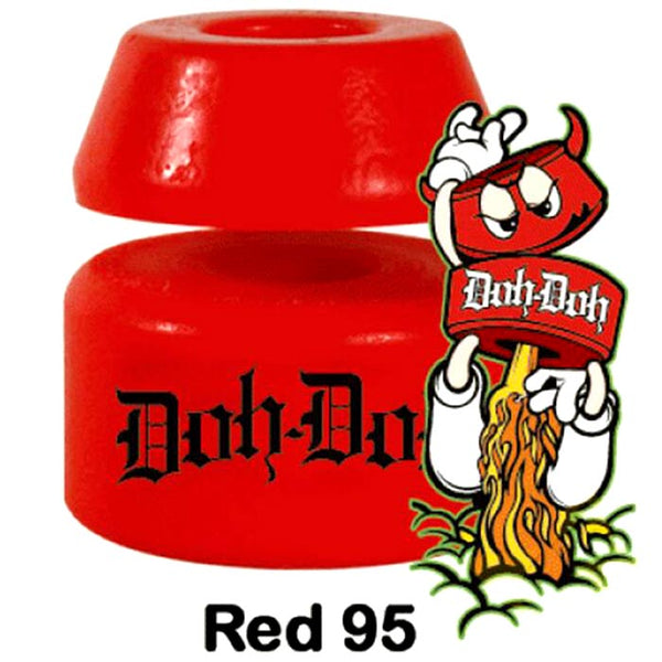 Image of two red skateboard bushings stacked with text "Doh-Doh" in black. An illustrated red bushing character with arms, gloves, and a grimace is featured beside them. Text at the bottom reads "SHORTY'S DOH-DOH 95 MED / HARD RED" by Shorty's.