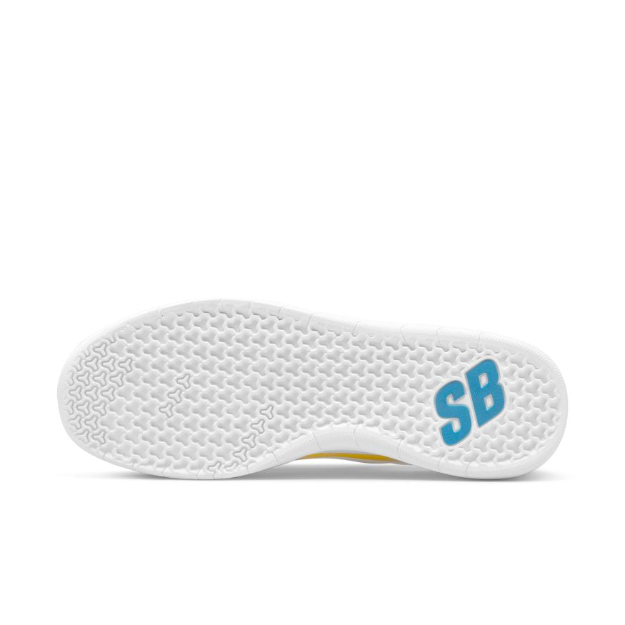 A white and blue NIKE SB NYJAH FREE II DARK SULFUR/WHITE-LASER BLUE shoe with the word sb on it.