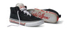 A pair of black and white VANS BOYS OF SUMMER SKATE MC VCU sneakers with red writing on them.