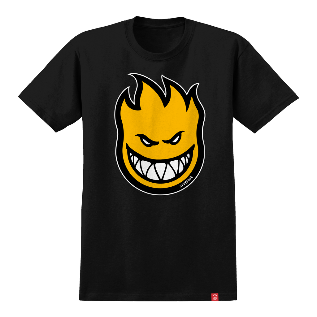 A DELUXE SPITFIRE BIGHEAD FILL TEE BLACK/GOLD with an angry face.