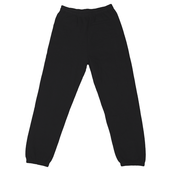 A pair of black SPITFIRE BIGHEAD FILL SWEATPANTS from DELUXE, featuring a full-length design with an elastic waistband and elastic cuffs at the ankles.