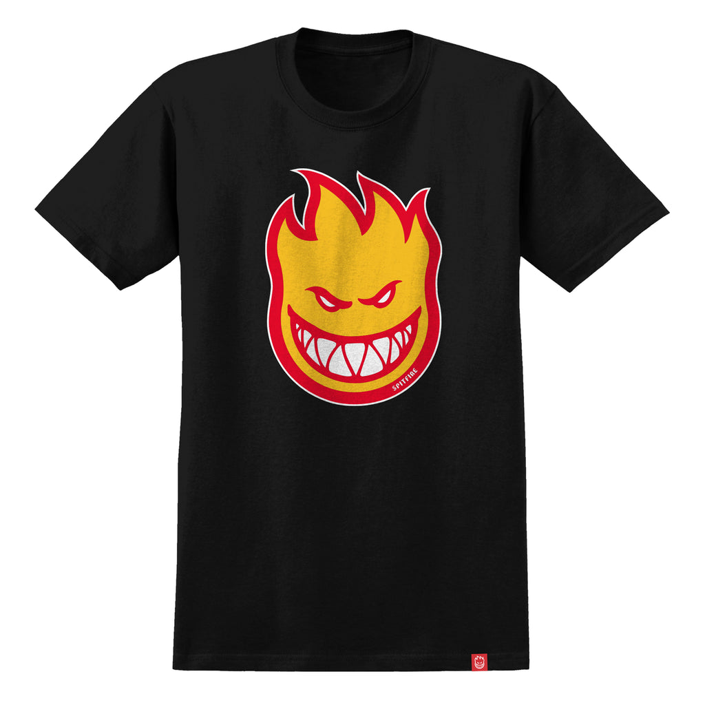 A Deluxe black t-shirt with a Spitfire Bighead Fill Tee Black/Gold/Red on it.