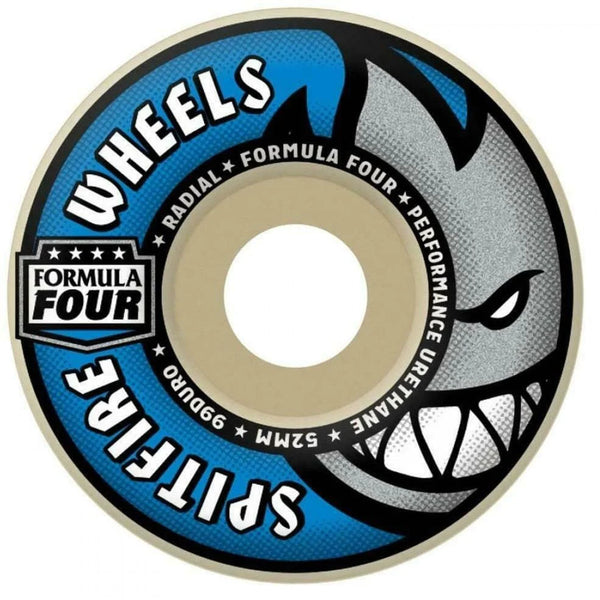 A SPITFIRE F4 RADIALS 99D 52MM skateboard wheel with a shark face on it.