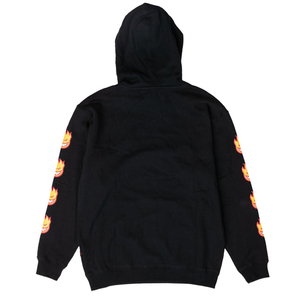 A black SPITFIRE OLD E BIGHEAD FILL HOODIE from DELUXE, viewed from the back, showcasing flame graphics along the sleeves.