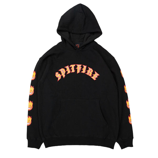 The SPITFIRE OLD E BIGHEAD FILL HOODIE BLACK by DELUXE is a stylish black hoodie that boasts a striking "Spitfire" logo on the front and vibrant flame designs adorning the sleeves.
