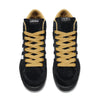 A pair of ADIDAS X SNEEZE SUPERSKATE CORE BLACK / FTWR WHITE / GOLDEN BEIGE sneakers with yellow laces.
