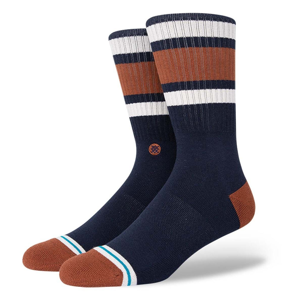 A pair of STANCE SOCKS BOYD ST NAVY LARGE with reinforced brown toe and heel areas from the Boyd St collection.