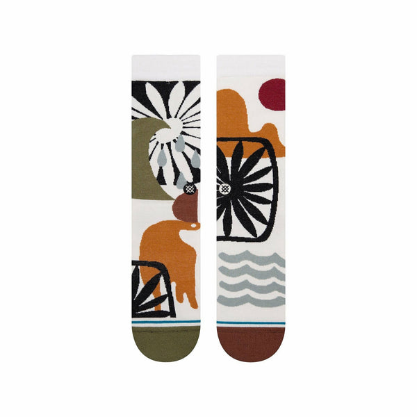 A pair of off-white Stance Land and Sea socks with abstract designs in a variety of colors.