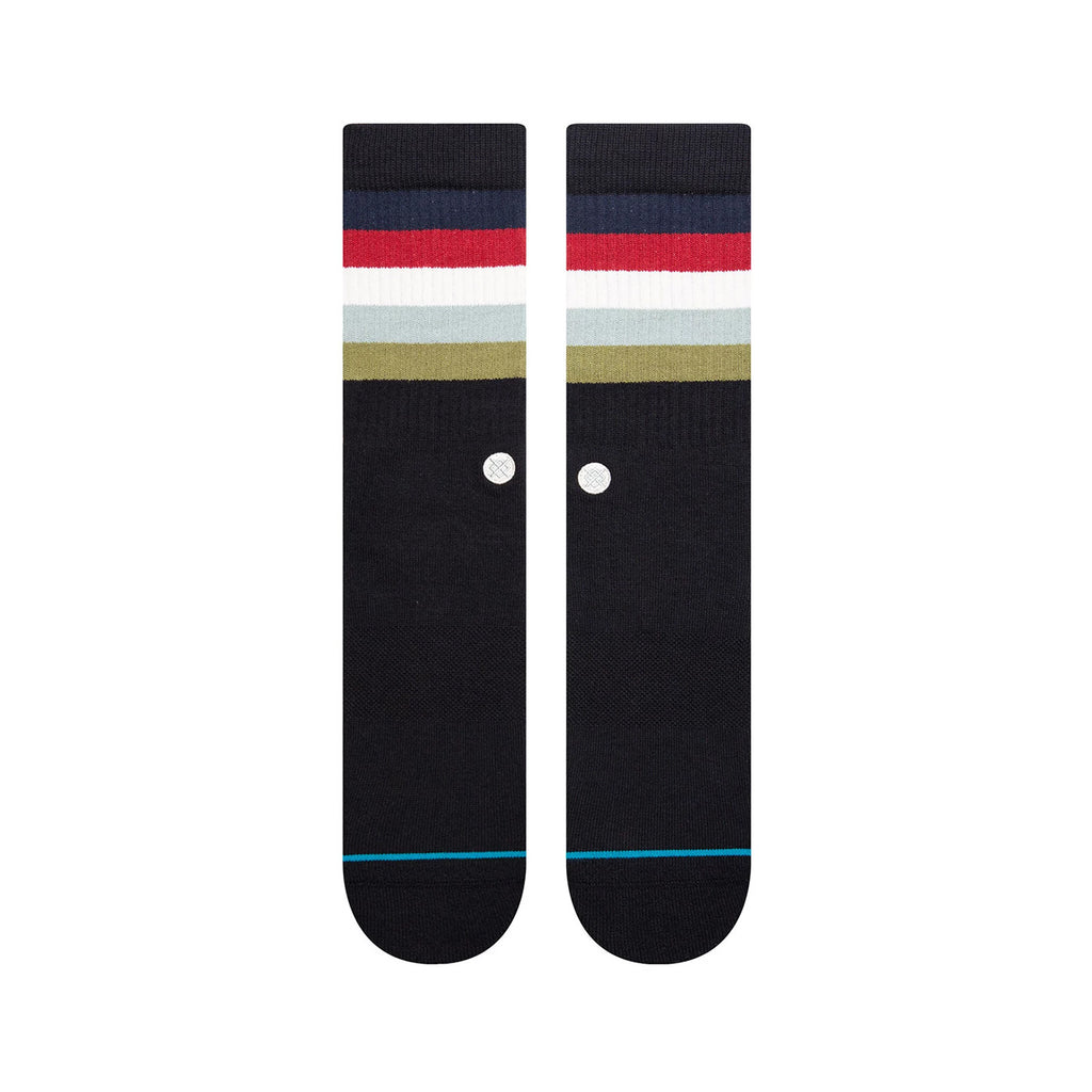 A pair of STANCE SOCKS MALIBOO BLACK FADE LARGE with colorful stripes.