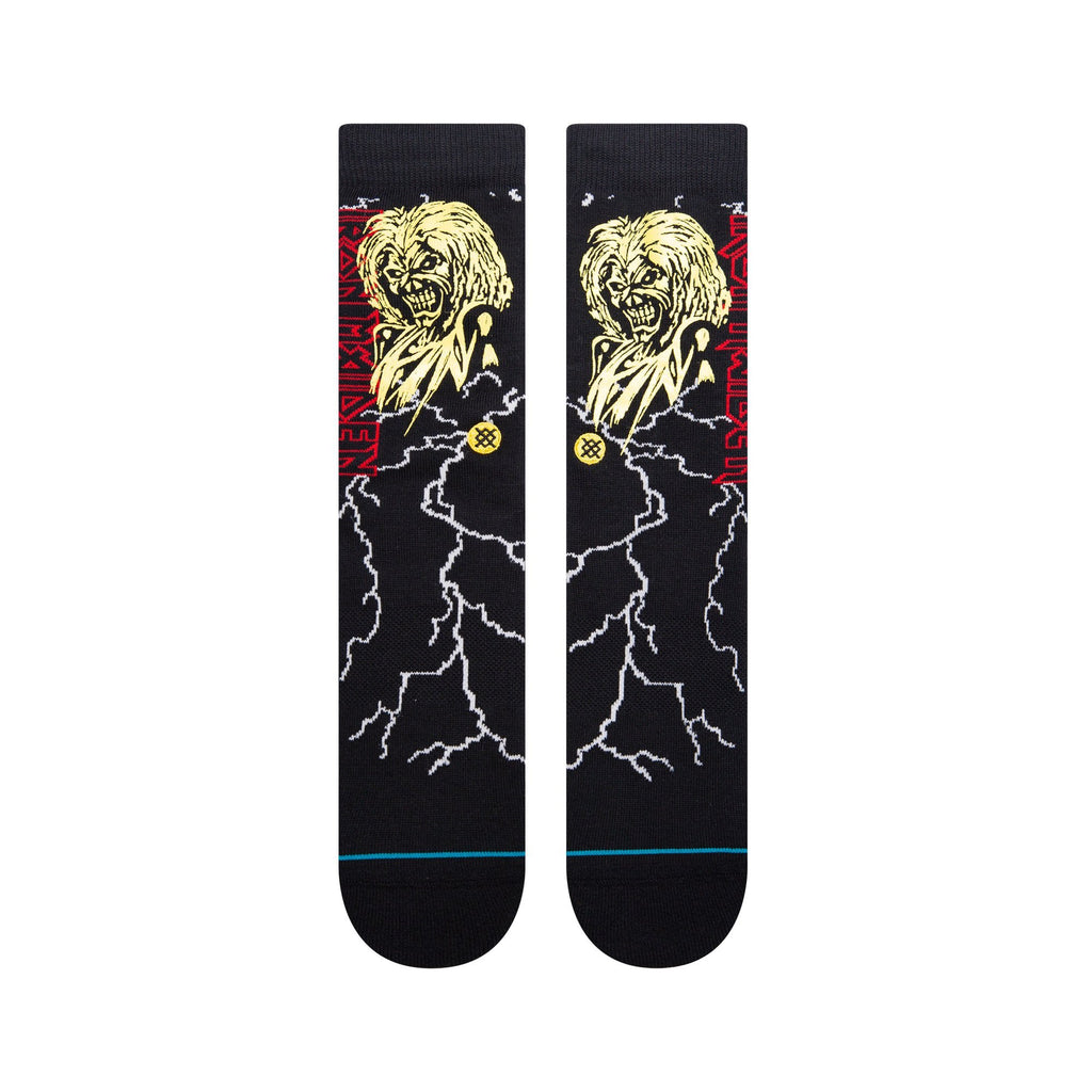 A pair of STANCE SOCKS NIGHT CITY BLACK LARGE with a lion graphic and lightning bolt design.